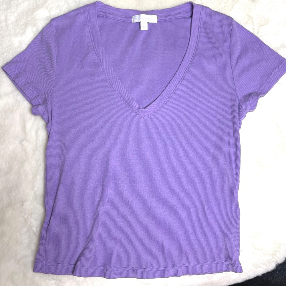 Beyond Yoga Womens Ribbed V-Neck Short Sleeve T-Shirt Purple XS Made in USA
